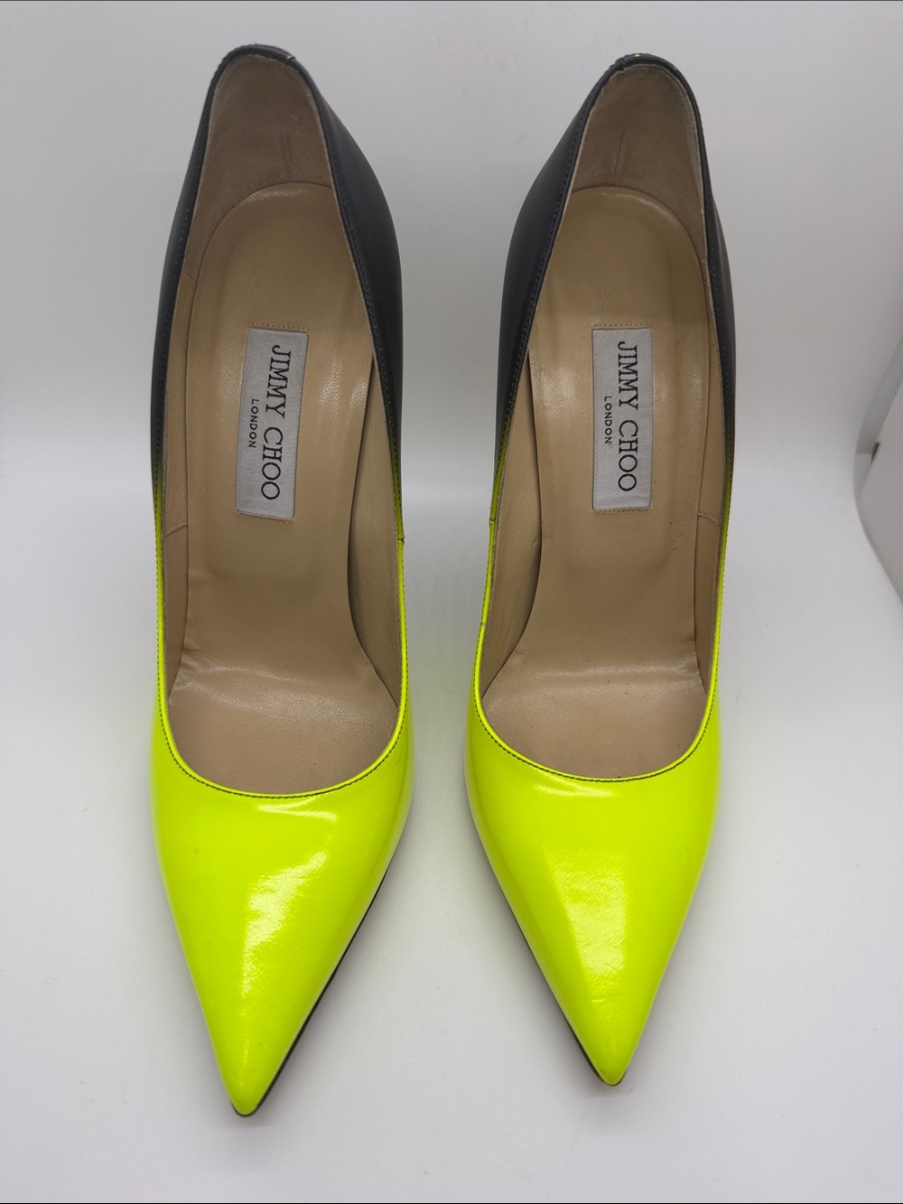 Jimmy Choo Neon Yellow and Black Patent Pointed-Toe Pumps